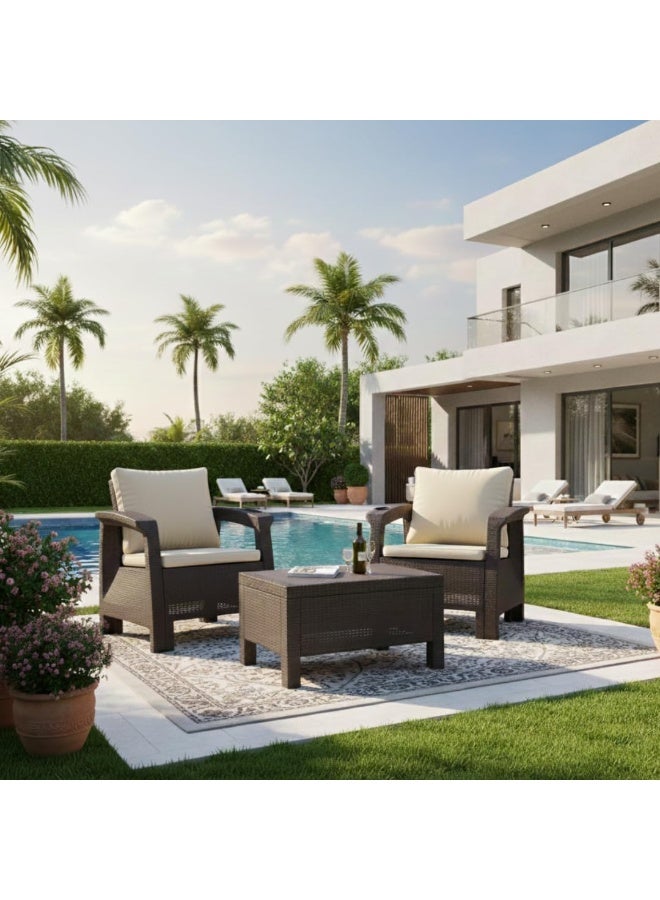 Marcolo 2-Seater Outdoor Sofa Set – Dark Brown Plastic Chairs with Beige Back and Seat Cushions & Coffee Table, Weather-Resistant Patio & Balcony Furniture with Built-In Cup Holders - Image 3